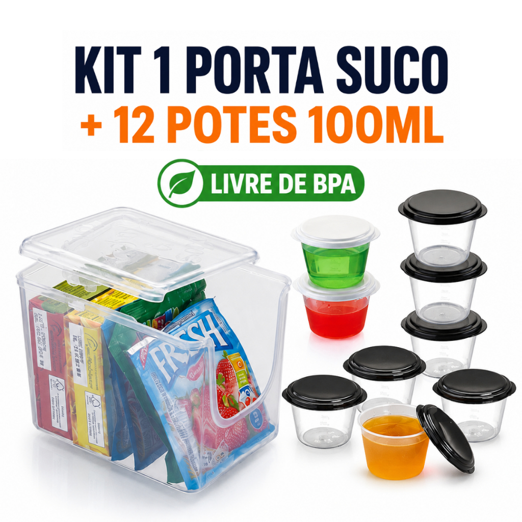 Kit com 1 Porta Suco e 12 Potes de Plástico para Gelatinas 100ML livre de BPA com Várias cores