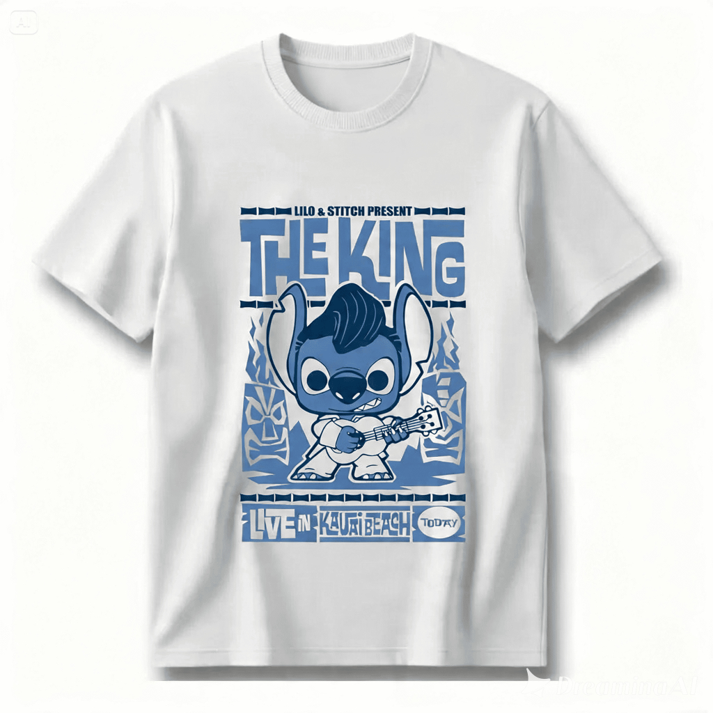 Camiseta Infantil e Adulto 100% Algodão Unissex Stitch de Lilo e Stitch como Elvis The King of Rock
