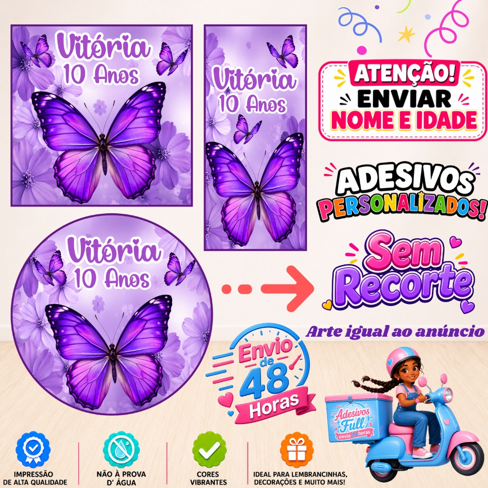 Borboleta Roxa - 100/60/40 Adesivos Personalizados Lembrancinhas Festa Aniversário