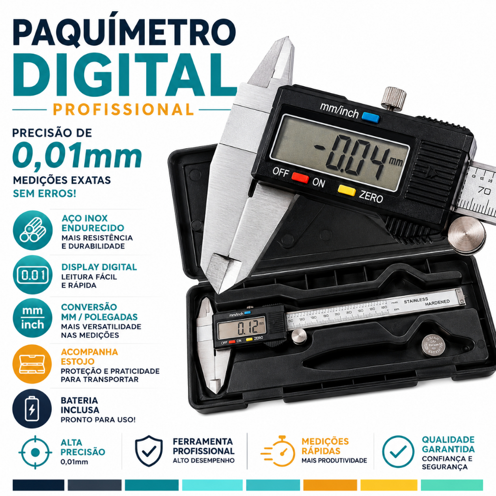 Paquímetro Digital Ferramenta Profissional Inox com Bateria Extra e  Estojo 150mm Universal Inox -CH