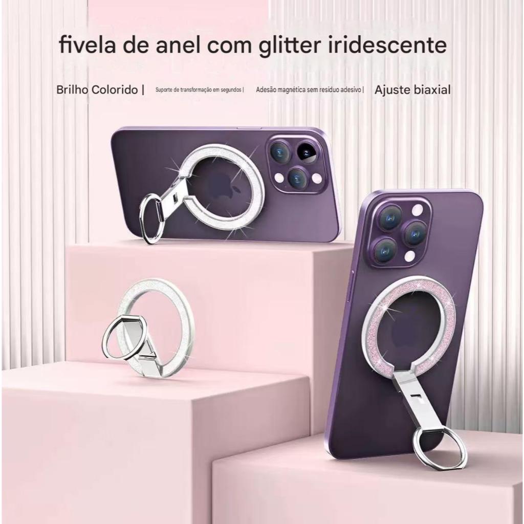 Suporte de anel magnético para celular MagSaFe com brilho, giratório 360 graus e multifuncional