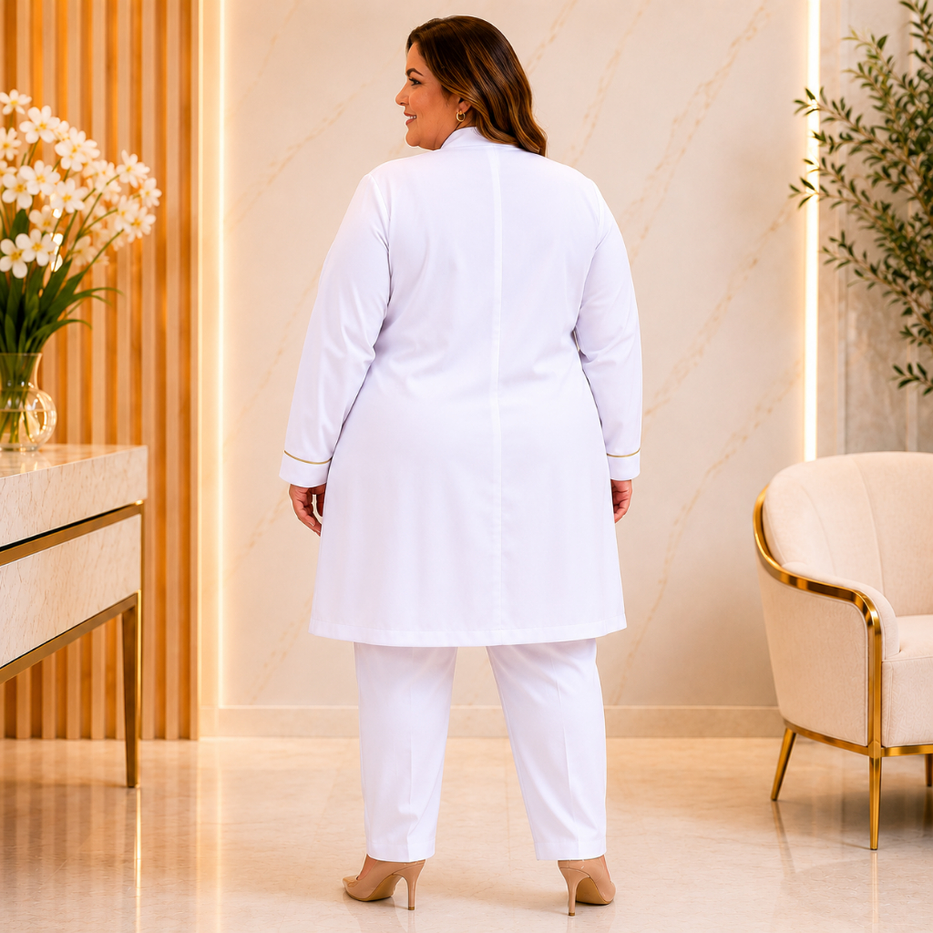 Jaleco Feminino Plus Size Gabardine Acinturado Gola Padre Zíper Punho G1 ao G5 Branco — imagem 2 de 2
