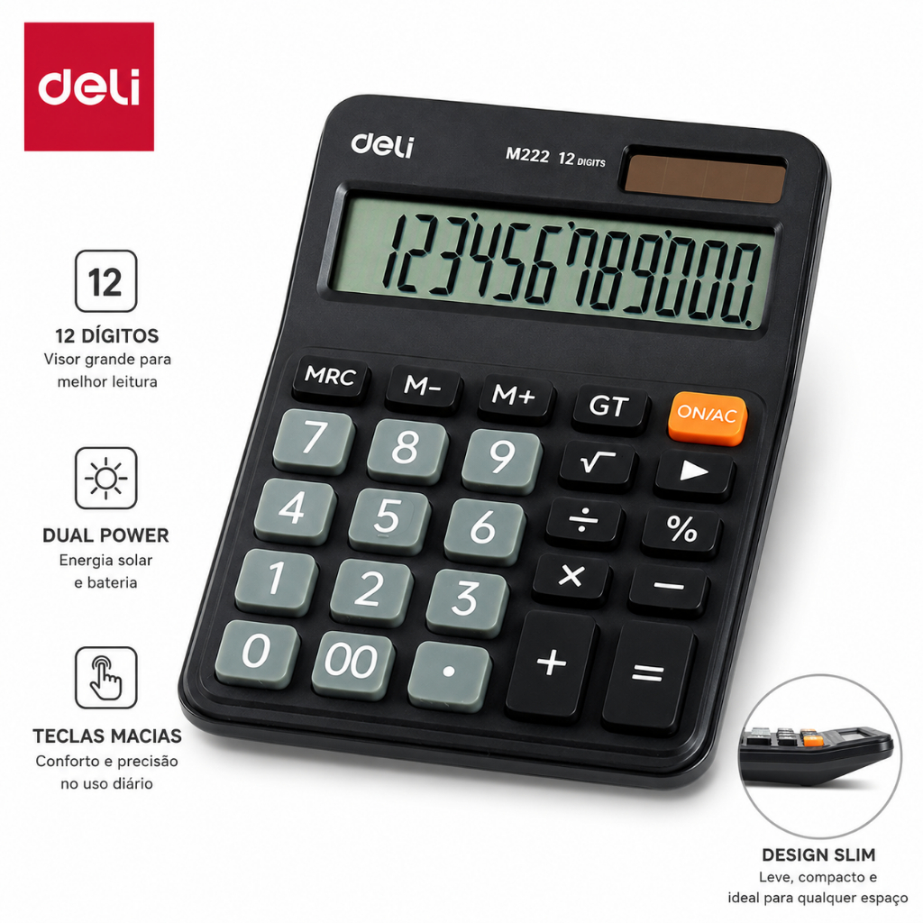 Calculadora Eletrônica Deli 12 Dígitos Dual Power Teclas Macias Antiderrapante
