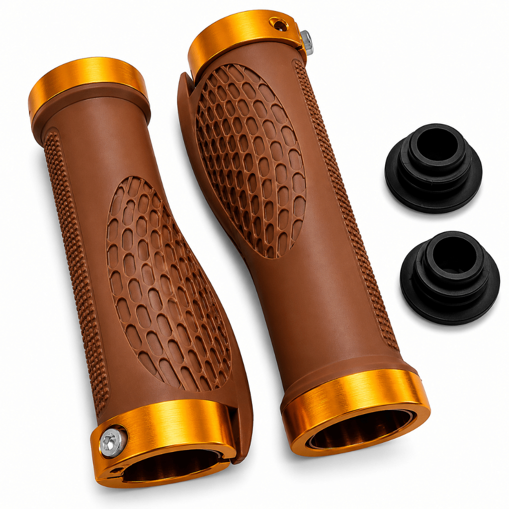 Manopla Bike MTB Ergonômica Lock On Marrom com Dourado Antiderrapante Guidão 22,2mm