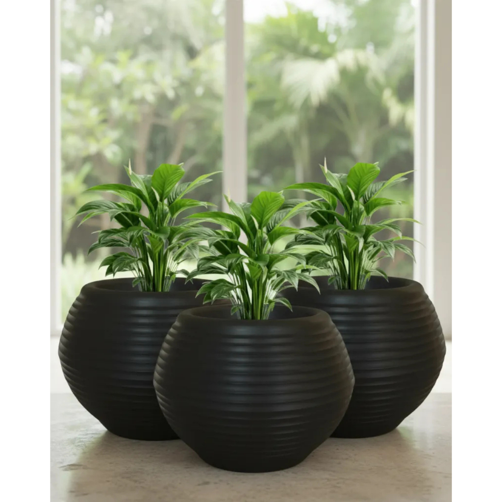 Kit 3 Vasos Decorativo Esfera Ondulada N°3 Planta Flor Orquidea Anturio Lirio Suculentas Polietileno