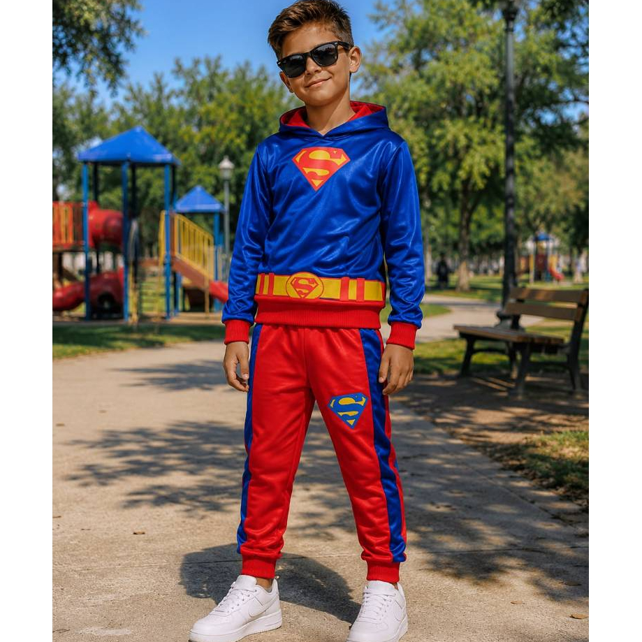 Conjunto Infantil Menino Inverno Tematico Super Man Abrigo Calça E Casaco Chimpa Peluciada