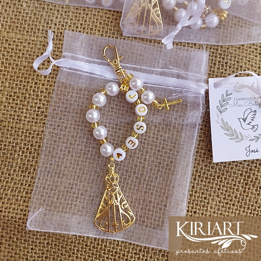 10 Mini Terço Chaveiros Personalizado com Nome + Saquinho Organza + Tag Lembrancinha Batizado ,Comunhão, Crisma