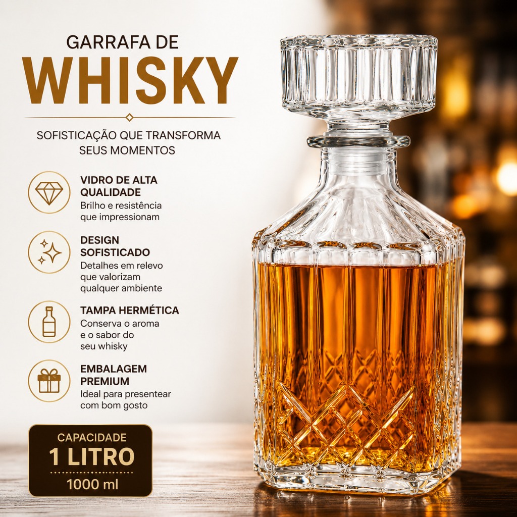 Garrafa Licoreira De Vidro Decanter Bebidas Whisky Licor Vodka 1L Tampa Hermética Presente