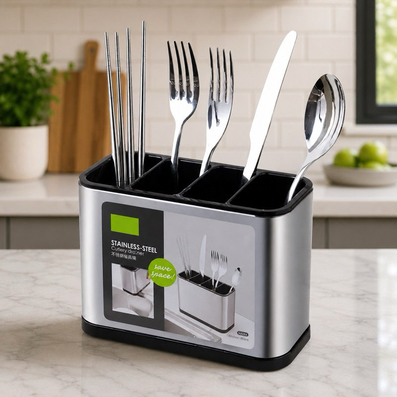 Escorredor e Porta Talheres 4 Divisões Pia Silver Inox 18x13cm Cor Aço Brilhante Premium Lavável