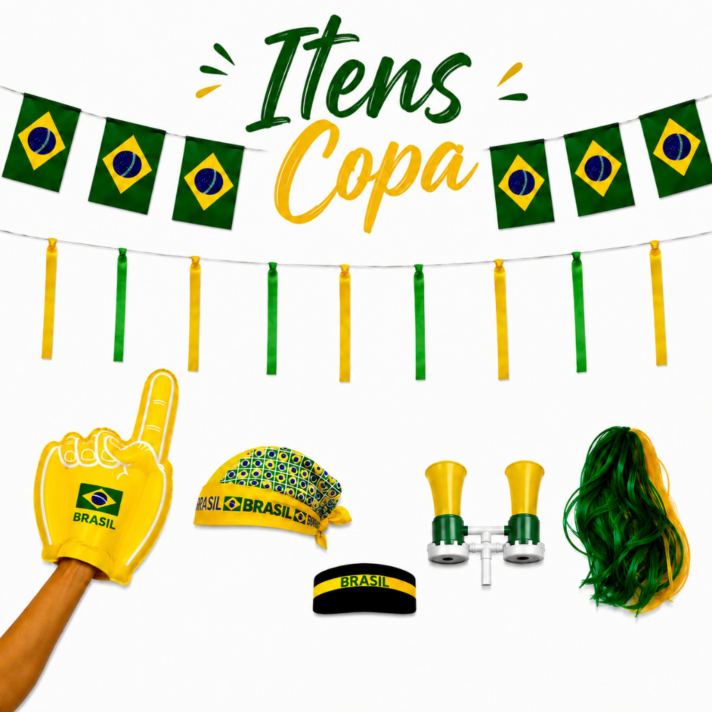 Itens Torcedor Brasil Copa Do Mundo 2026 | Bandeira | Balão | Peruca | Bandana | Buzina | Varal Decorativo | Copo