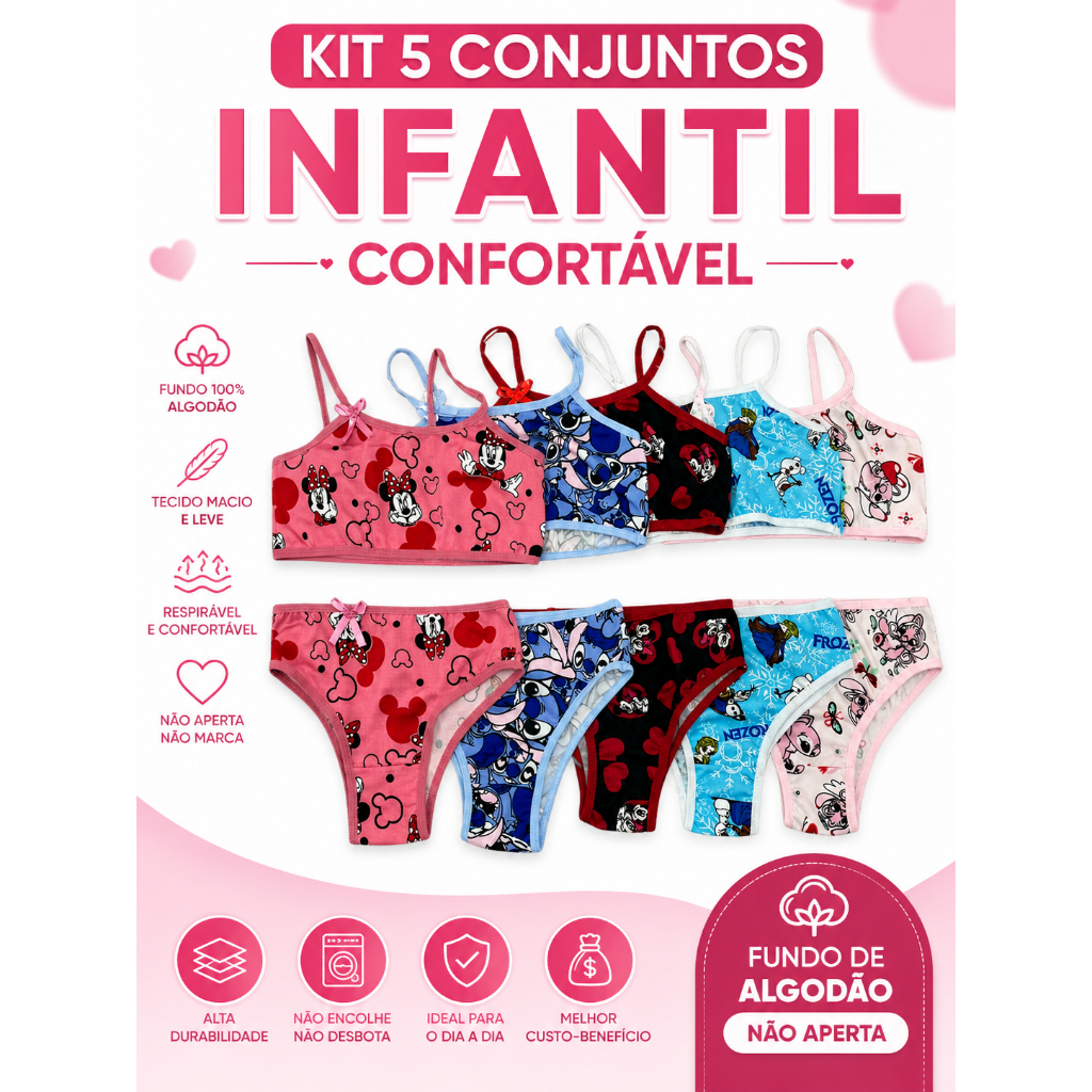 Kit 5 Conjuntos Calcinha e Top Infantil Menina Confortável Macio Não Aperta Roupa Íntima Sortida