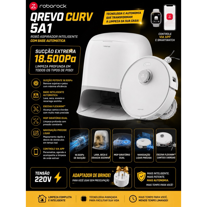 Roborock Qrevo Curv 5A1 Robô Aspirador 18500Pa  220V Com Base Inteligente Automática