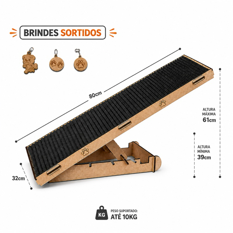 Rampa pet 80cm Antiderrapante Madeira Resistente Com Regulagem de Altura
