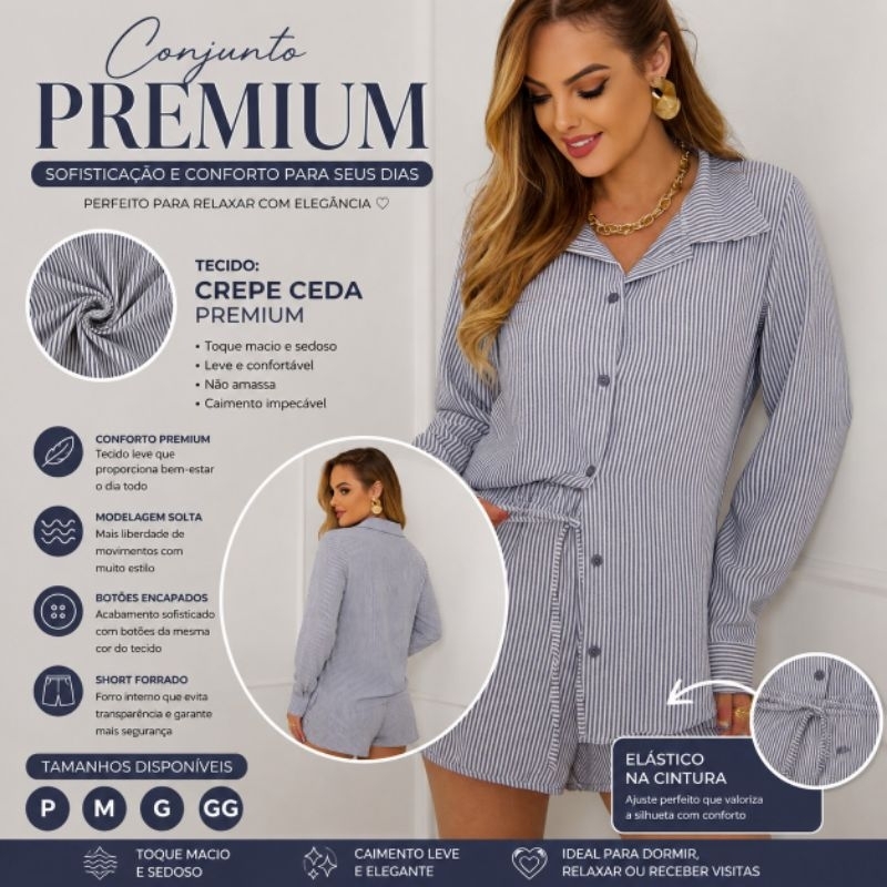 Conjunto feminino estampa listrado manga longa e short com bolsa