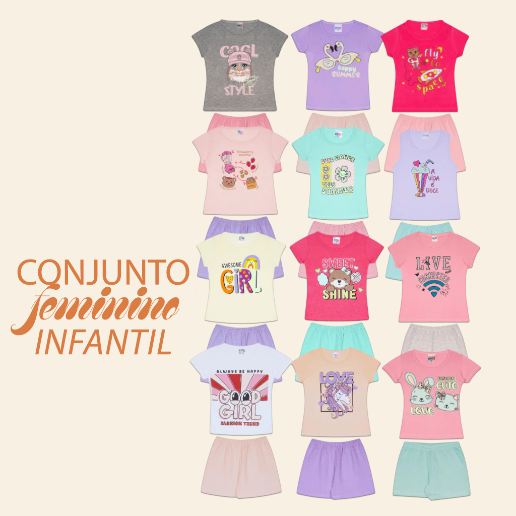 Conjunto Infantil Feminino Algodão Macio e Confortável Verão