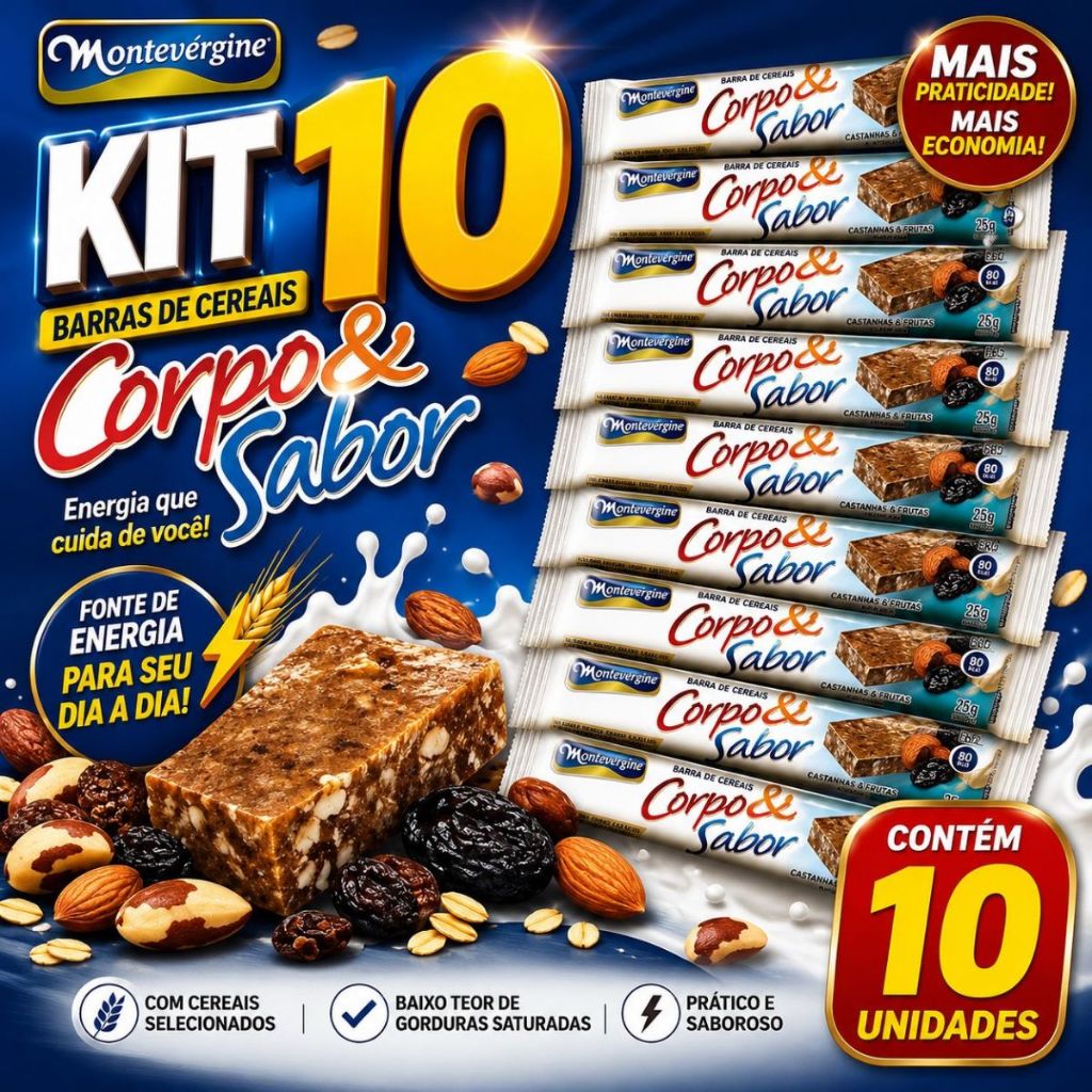 Kit 10 Barra de cereais Corpo e Sabor Pré Treino Castanha do Para e Ameixa Montevérgine