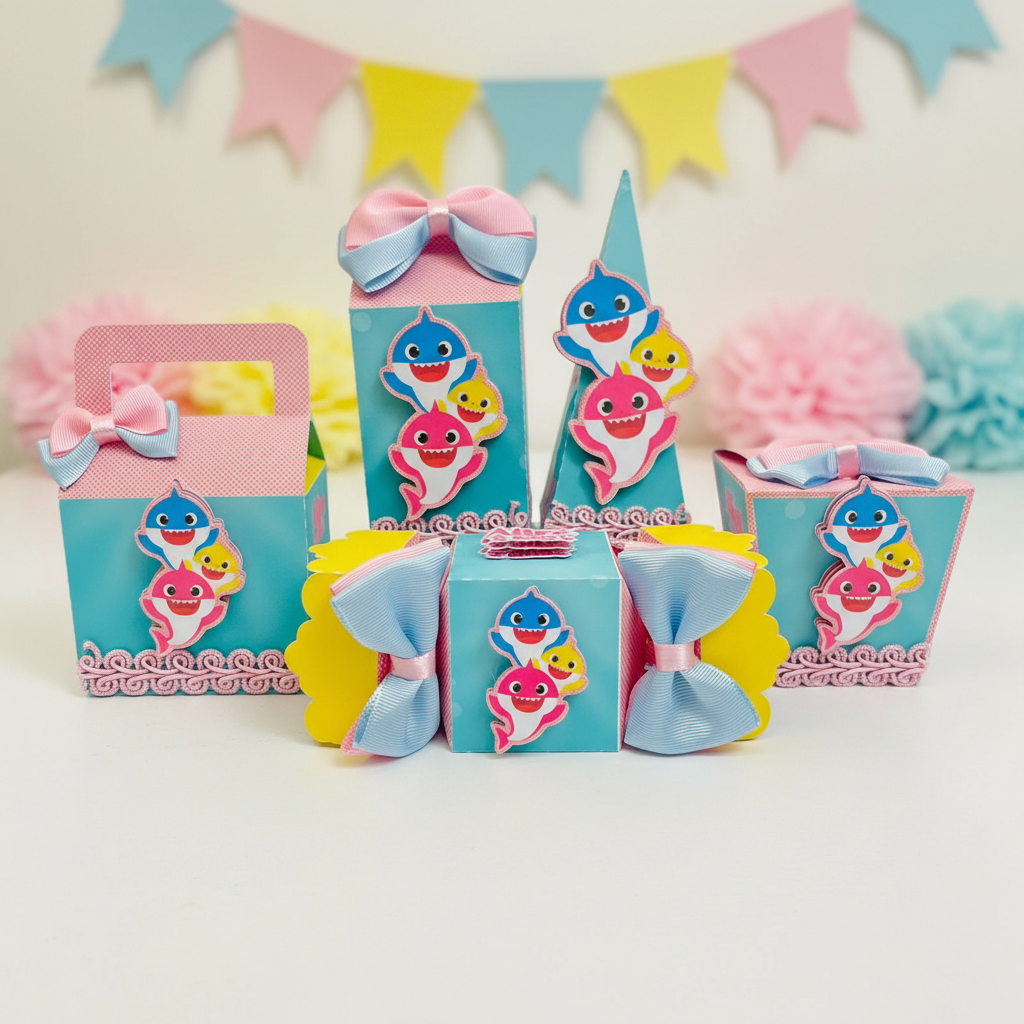 Kit Festa Personalizado Baby Shark com 5 Caixas | Papelaria Personalizada | Lembrancinha Aniversário Infantil
