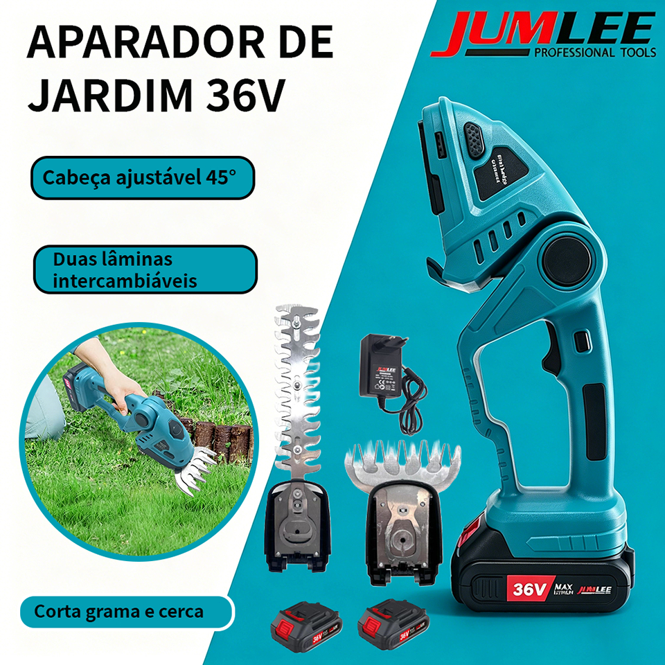 Tesoura De Grama Sem Fio 2 Em 1 Aparador De Cerca Viva Elétrico + 2 Baterias Bivolt JUMLEE Poda Jardim