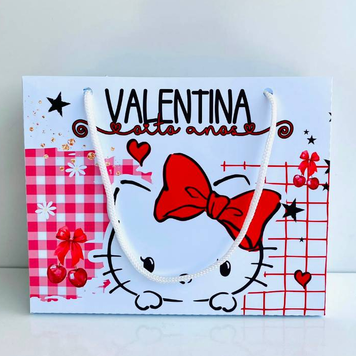 Kit Sacolinha Personalizada HELLO KITTY vermelha Lembrancinha Surpresa Festa Infantil Aniversário 20x15x6cm