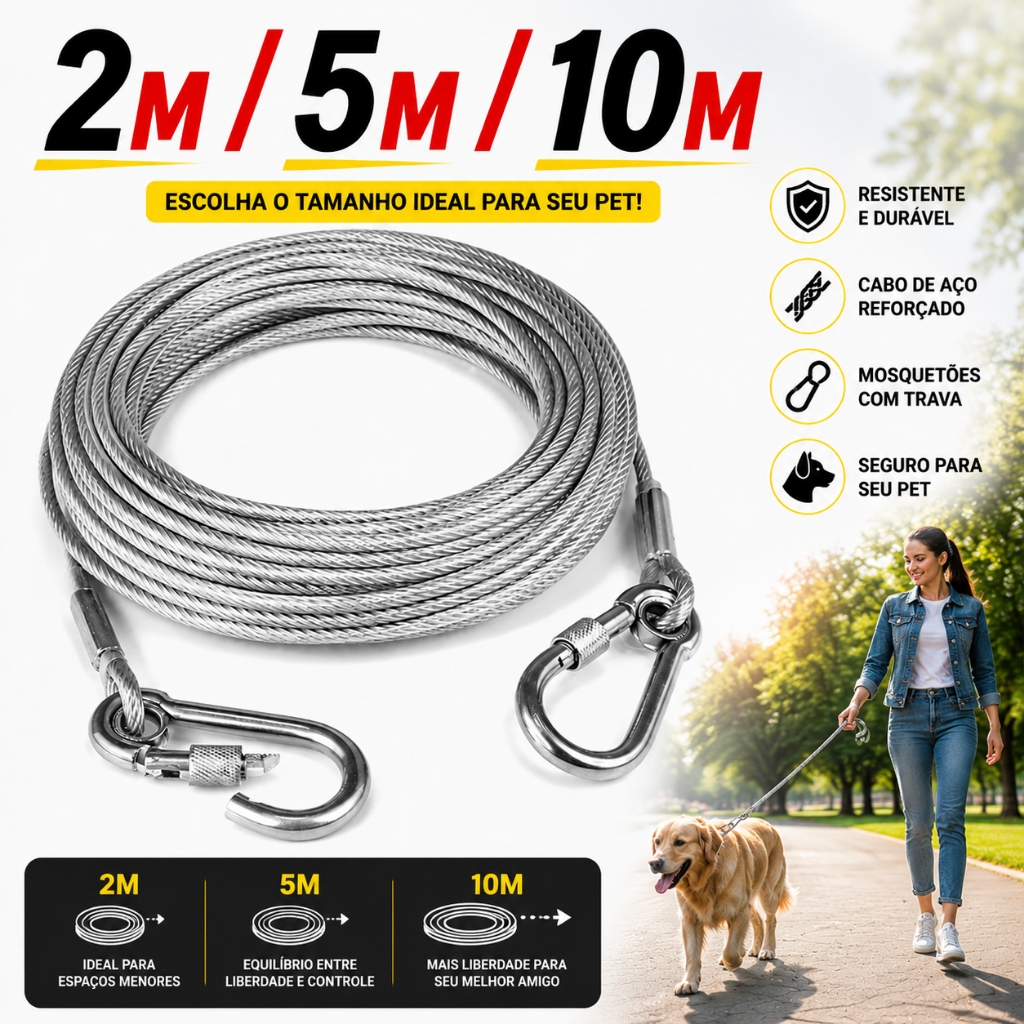 Cabo De Aço Para Amarração E Guia Passeio Para Cães 2/5/10 Metros 2MM Reforçado Cor Cristal