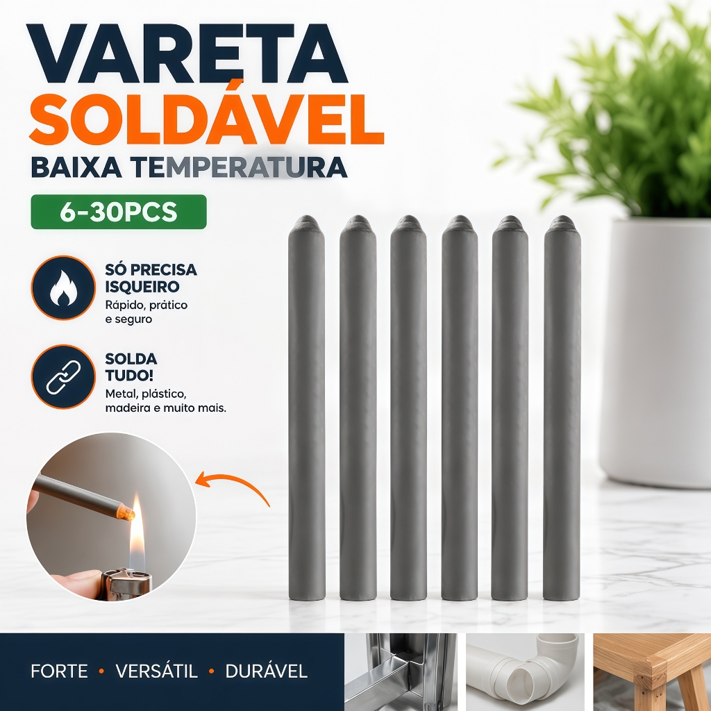 Kit 6/30 Hastes de Solda Baixa Temperatura para Alumínio Cobre Ferro e Inox Reparo Rápido Multiuso Metal Profissional