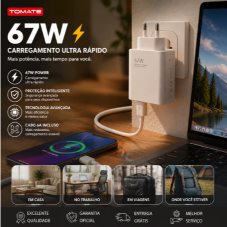 【Brasil Spot Sale】Carregador 67W Turbo Carregamento Rápido Para Redmi Note 9 a 12 Pro Xiaomi Cor Branco