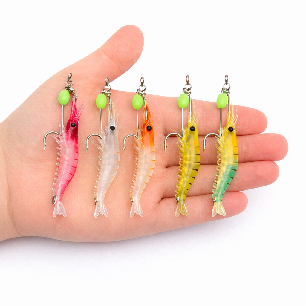 Kit 5 Iscas Camarão Artificial Luminosa Anzol Para Robalo Tucunaré Corvina Traíra