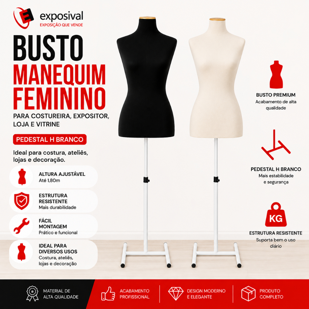 Busto Manequim Feminino Costureira Expositor Loja Vitrine Premium com Pedestal H Branco