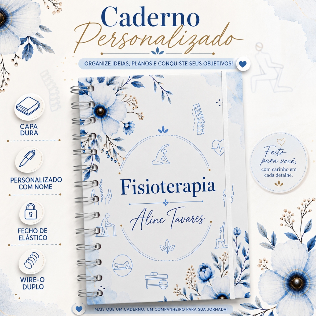 Caderno Personalizado Fisioterapia Floral Azul com Nome Capa Dura 22x16cm Premium 120 Folhas