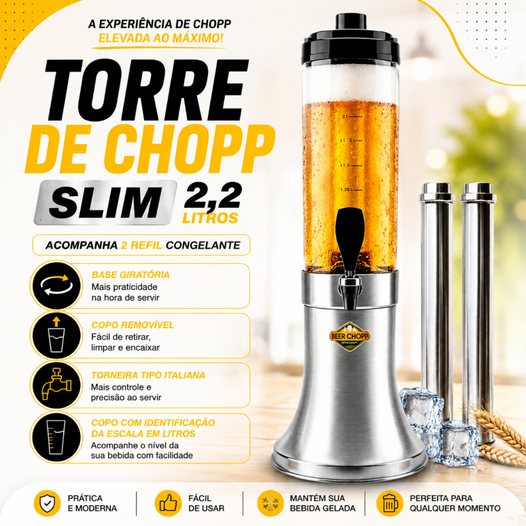 Chopeira Torre De Chopp Beer 2,25 Litros C/ 2 Tubo Congelante Base Alumínio Giratória 360º