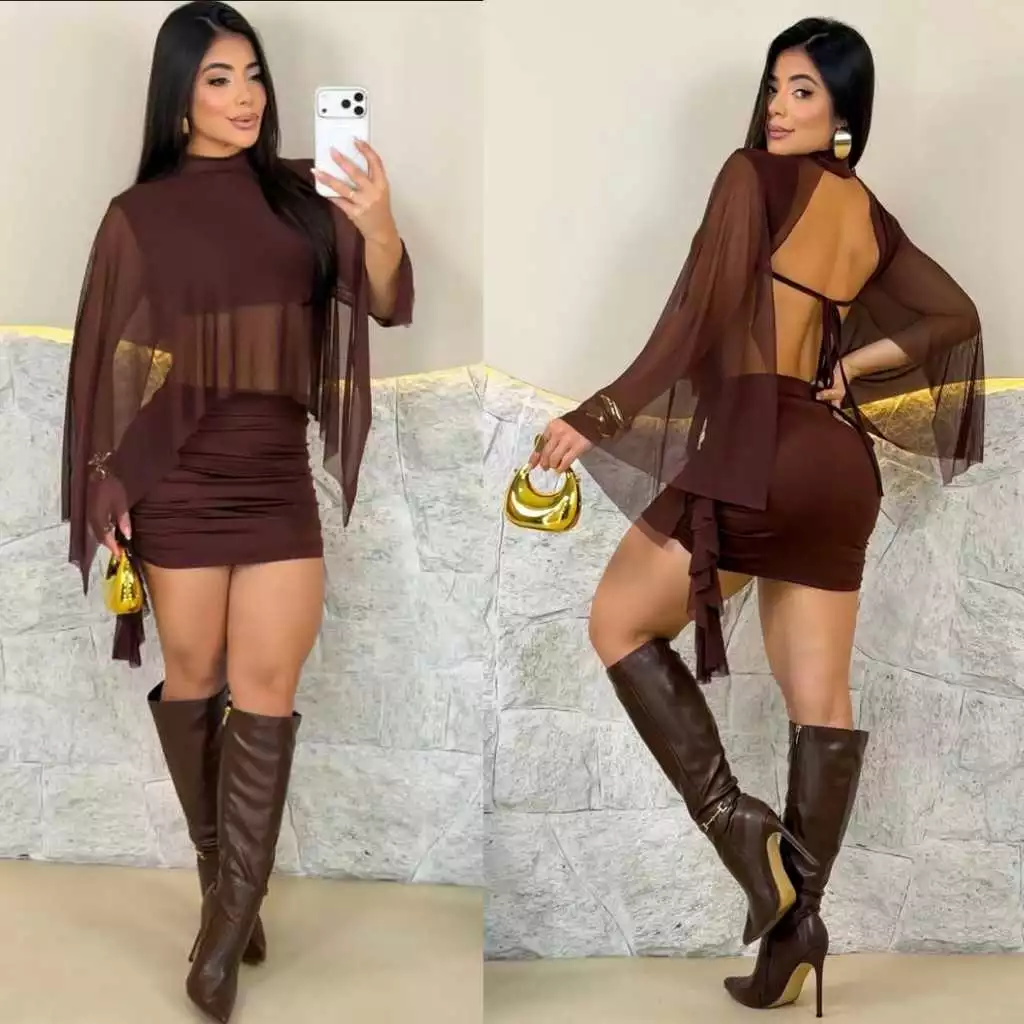 Conjunto Feminino Mini Saia e Top Cropped em Tule - Conjunto Balada Luxo - Look Festa Noite/ Look Show Noite