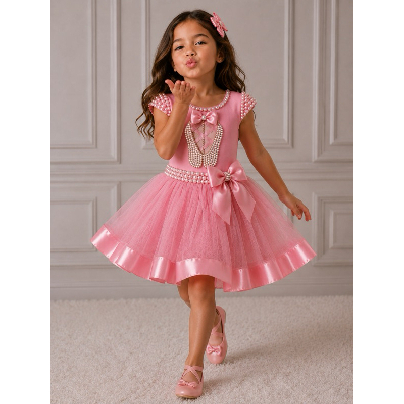 Fantasia Bailarina Infantil Luxo Rosa com Pérolas e Tutu | Vestido Princesa Bailarina Festa Menina
