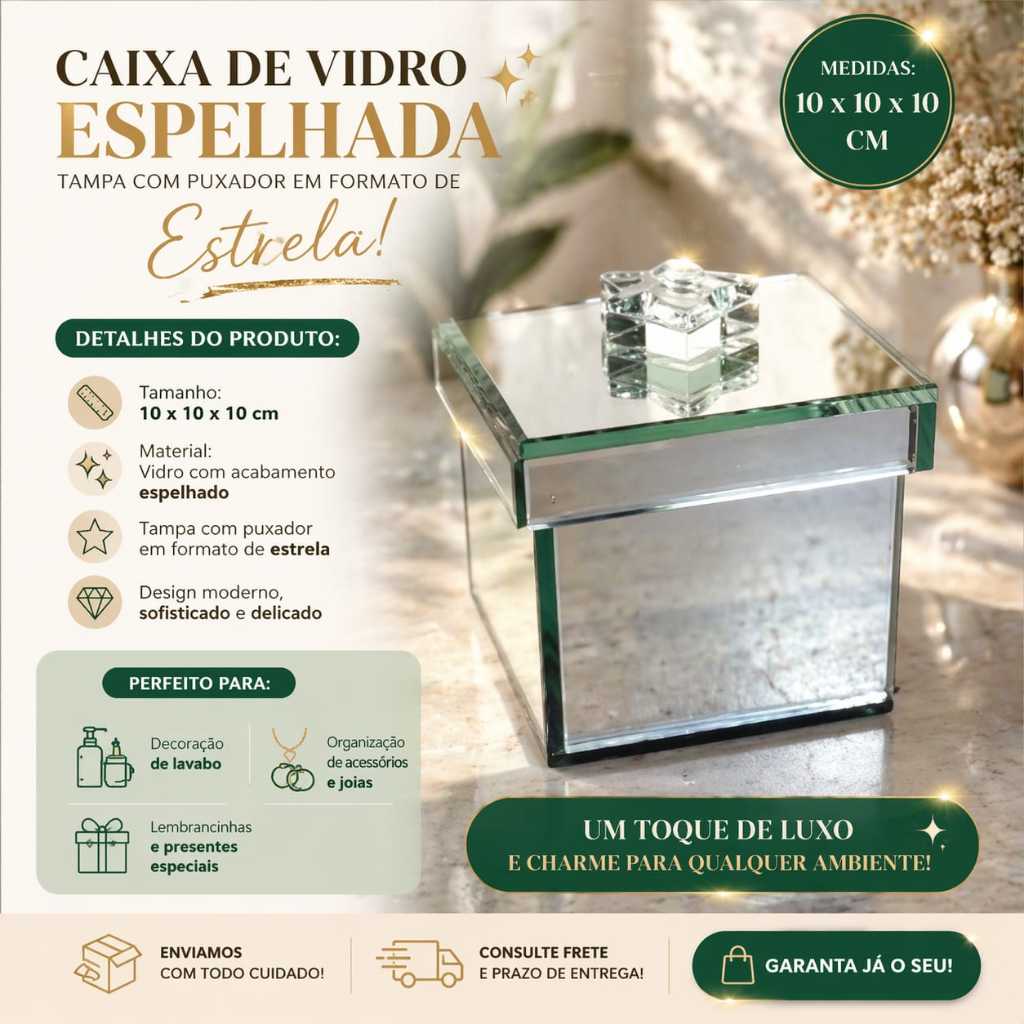 caixa 10x10x10 espelho com tampa puxador estrela porta joia porta trecos