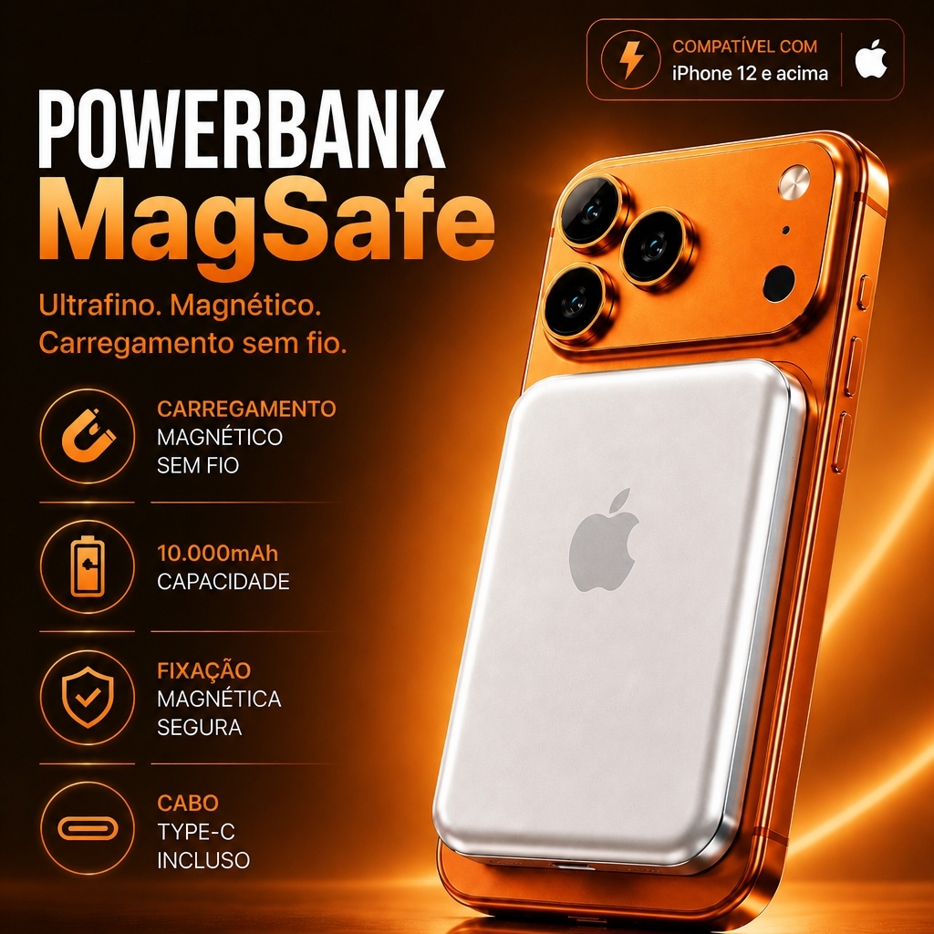 Carregador Portátil Para Celular 10000mAH Power Bank MagSafe Para iPhone/Android Magnetico Indução Bateria Portátil