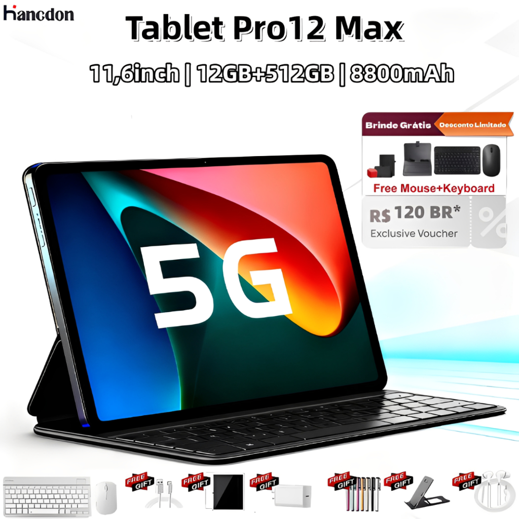 【Teclado, mouse e alto-falantes gratuitos】Tablet  Pro12 Max Android 16 GB + 512 GB 11,6 polegadas HD 8800mAh wifi
