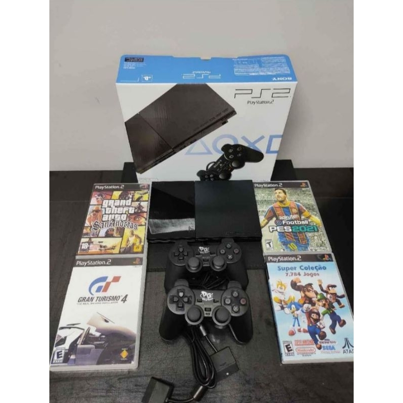 PlayStation 2 slim destravado + 02 controles + 04 jogos