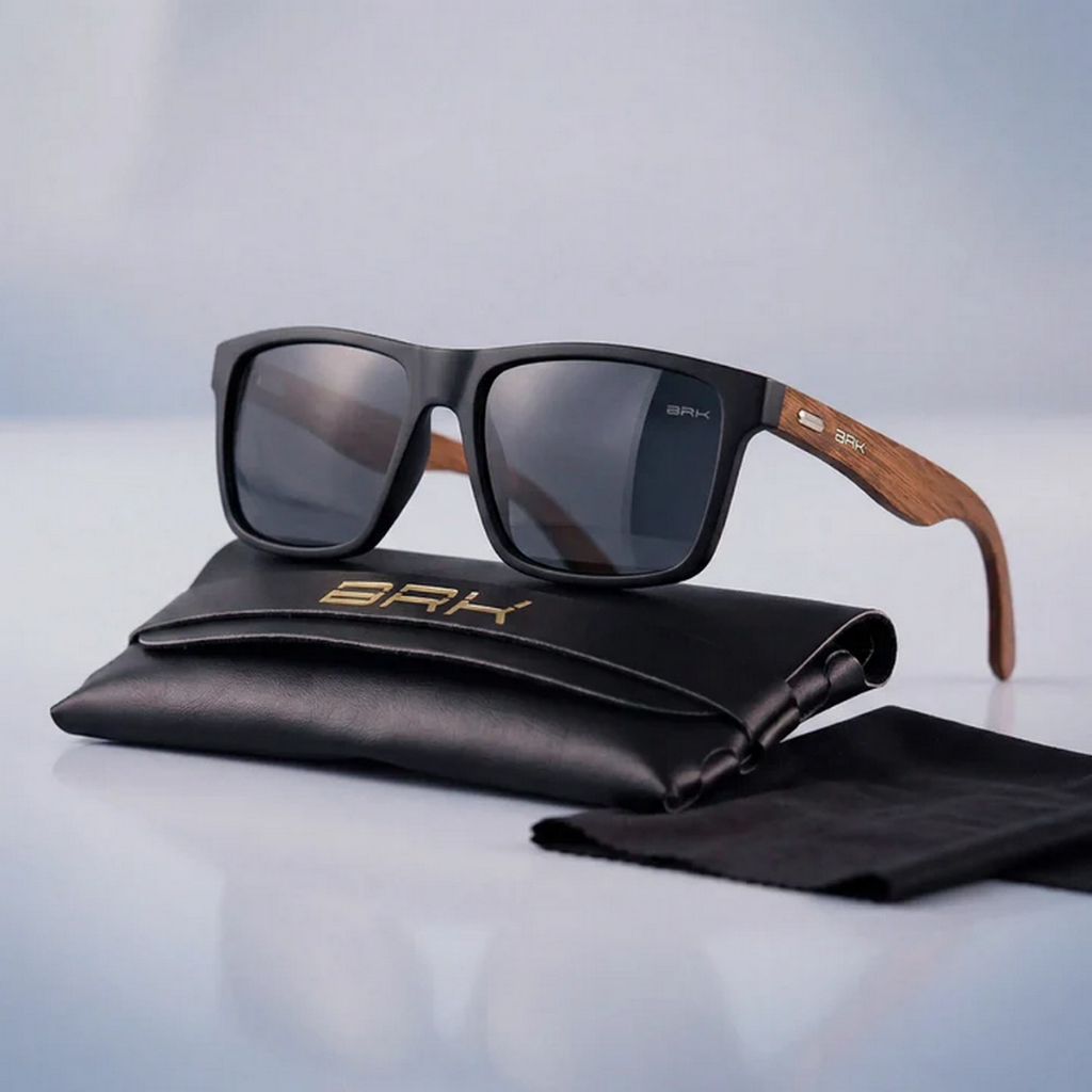 Óculos De Sol BRK Polarizado Quadrado Haste Madeira Preto Lente Fumê UV400 Pesca Masculino Feminino