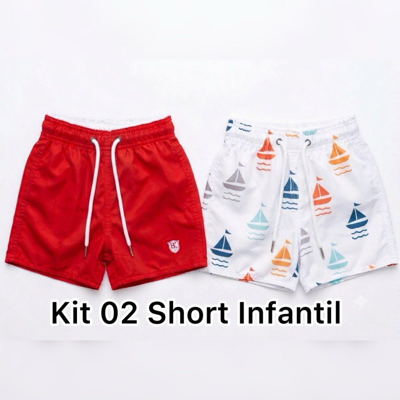 Kit  02 Bermudas Shorts Tactel Infantil Juvenil 1 a 12 Anos Estampadas Variadas Praia Piscina Verão Com Elástico
