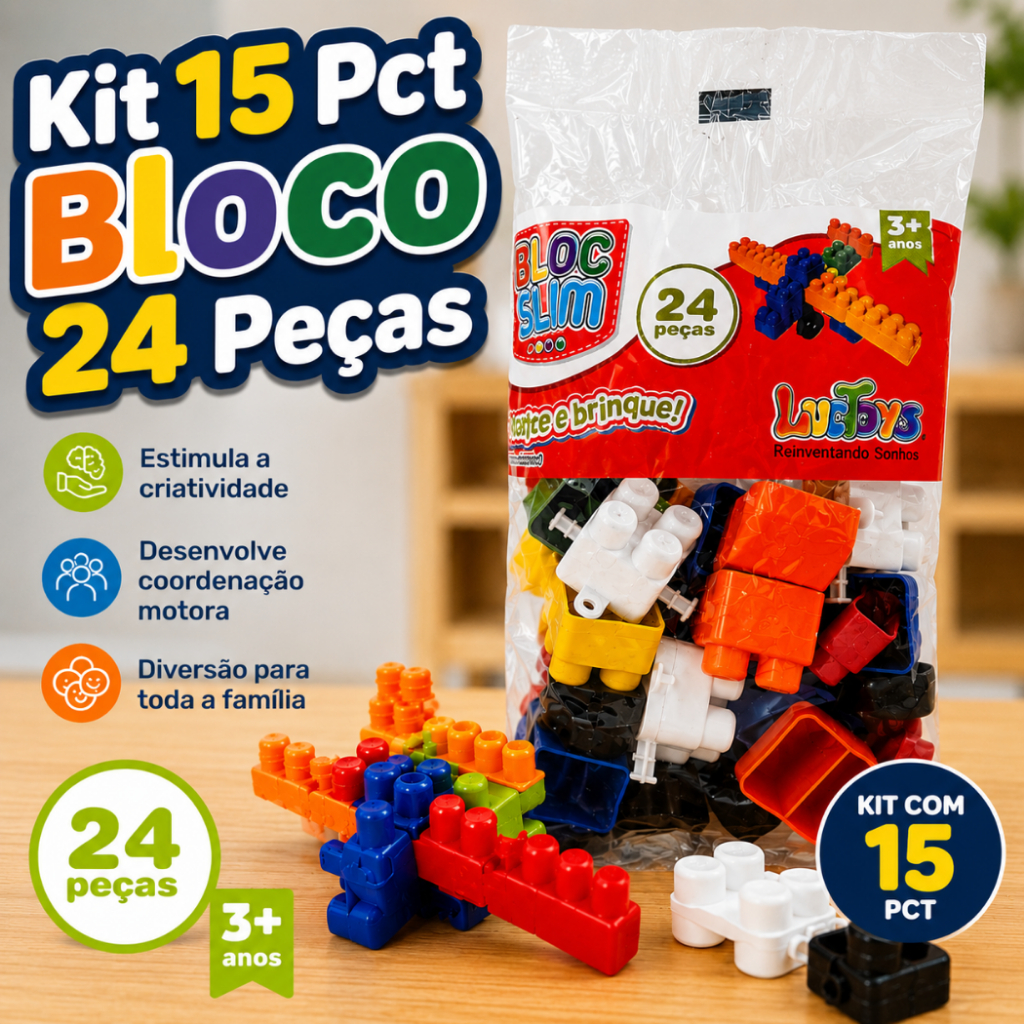 Kit 15 Pct Bloco de Montar 24 Peças com Rodinha Brinquedo Infantil Didático Educativo Lembrancinha