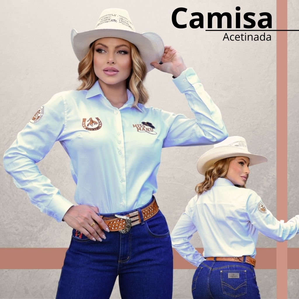 Camisa Feminina Manga Longa Branca | Modelo Rodeio | Acetinado Premium de Alta Qualidade