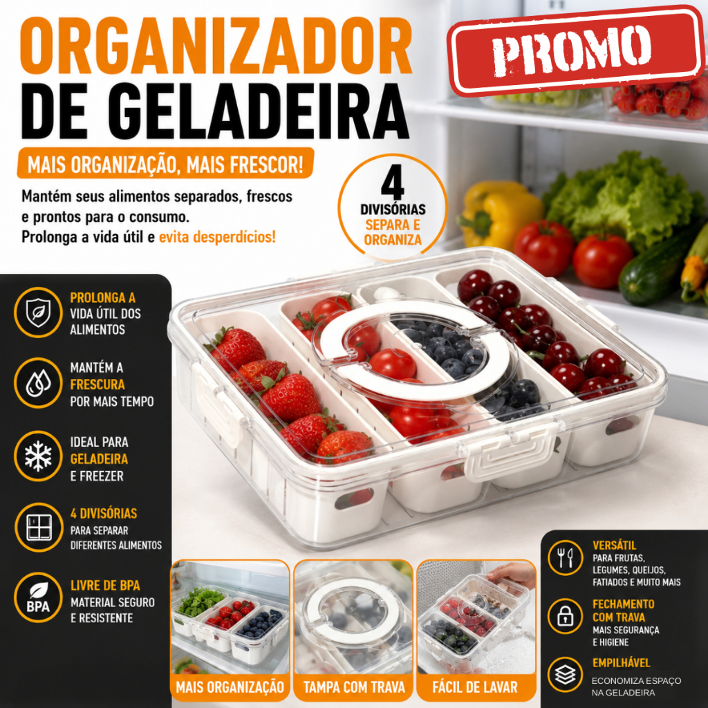 Organizador de Geladeira Acrílico Hermético 4 Divisórias com Alça