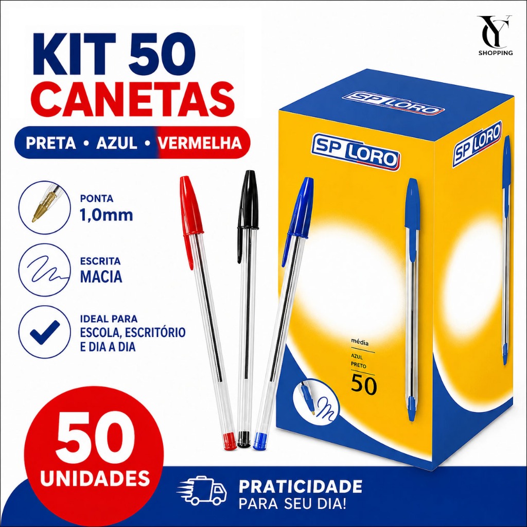 Kit 10-50 Canetas Esferográficas Preta Azul Vermelha Ponta Média Escolar Escritório 934