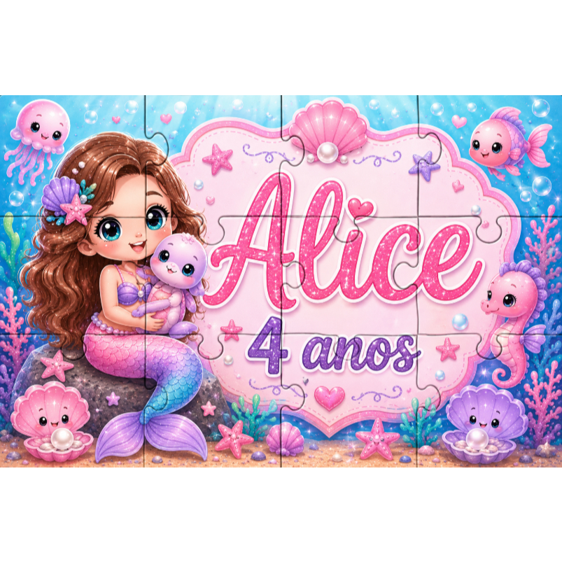 Kit  Quebra-Cabeças MDF 10x15 Sereia baby menin Personalizado com Nome e Idade Lembrancinha de Aniversário Infantil Tema