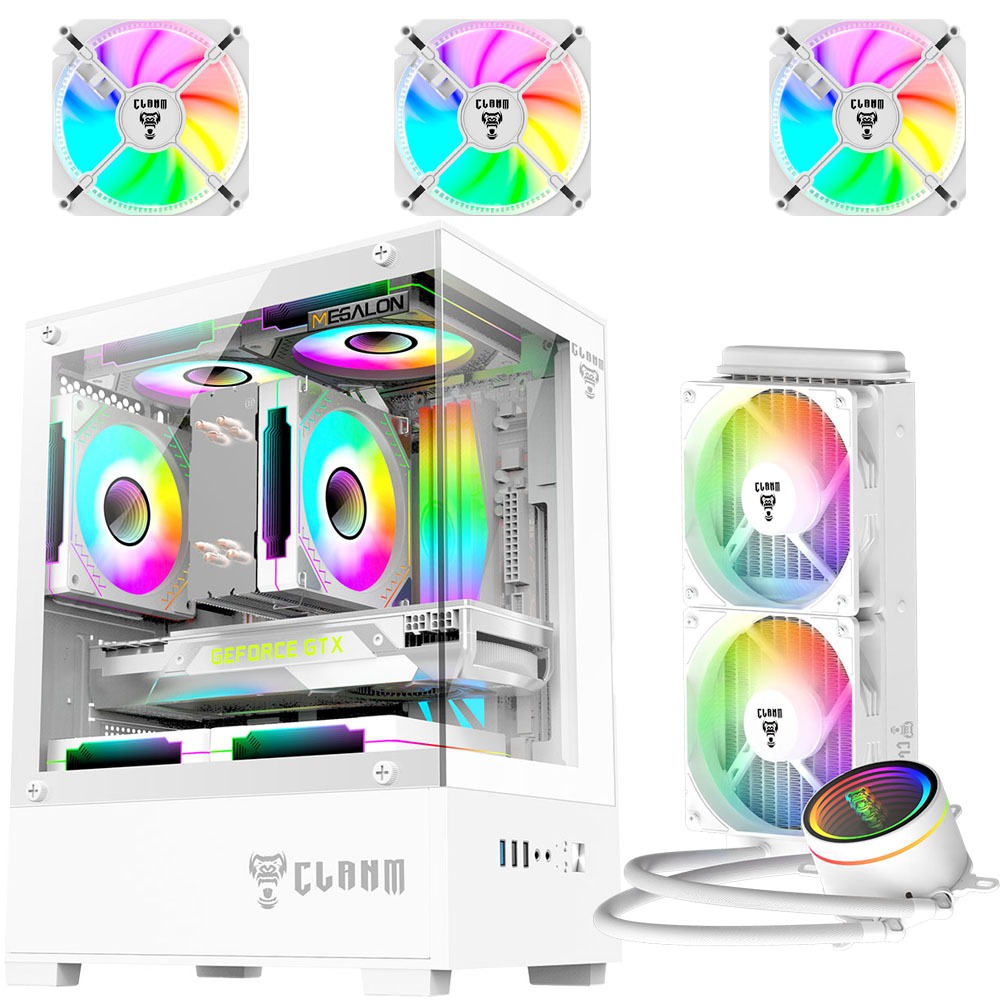 Gabinete Gamer Clanm Megalon Snow Branco Vidro Kit 3 Fans RGB e Water Cooler 240mm Mini Tower mATX