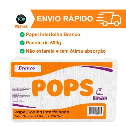 Kit 5 pacotes de Papel Toalha Interfolha Pops Branco para Dispenser de Banheiro Cozinha Escritório