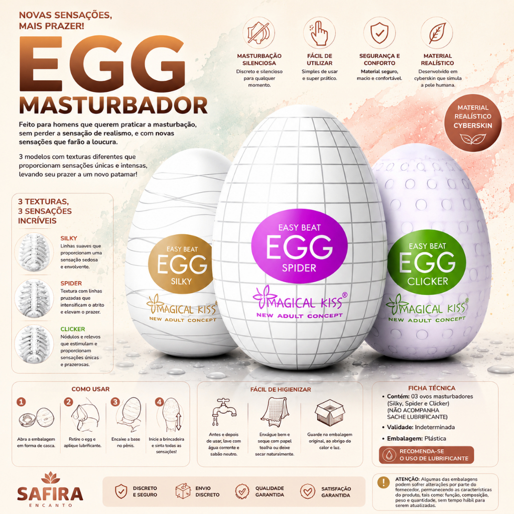 Kit 3 Eggs Masculino Magical Kis Masturbador Ovo com Texturas Sex Shop - Silky + Spider+ Clicker