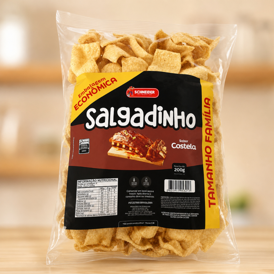 Salgadinho de Costela Pellet Sabor Costela Kit 5 Pacotes 200g Cada Snack Crocante Schneider Embalagem Econômica