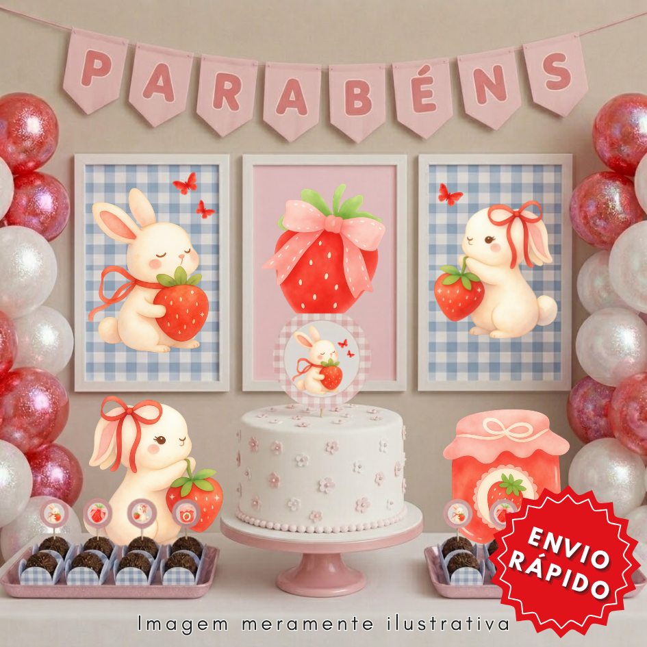ENVIO RÁPIDO Kit Festa MORANGUINHO | Personalizado Só um Bolinho Aniversário/ Mêsversario/ Festa na Escola