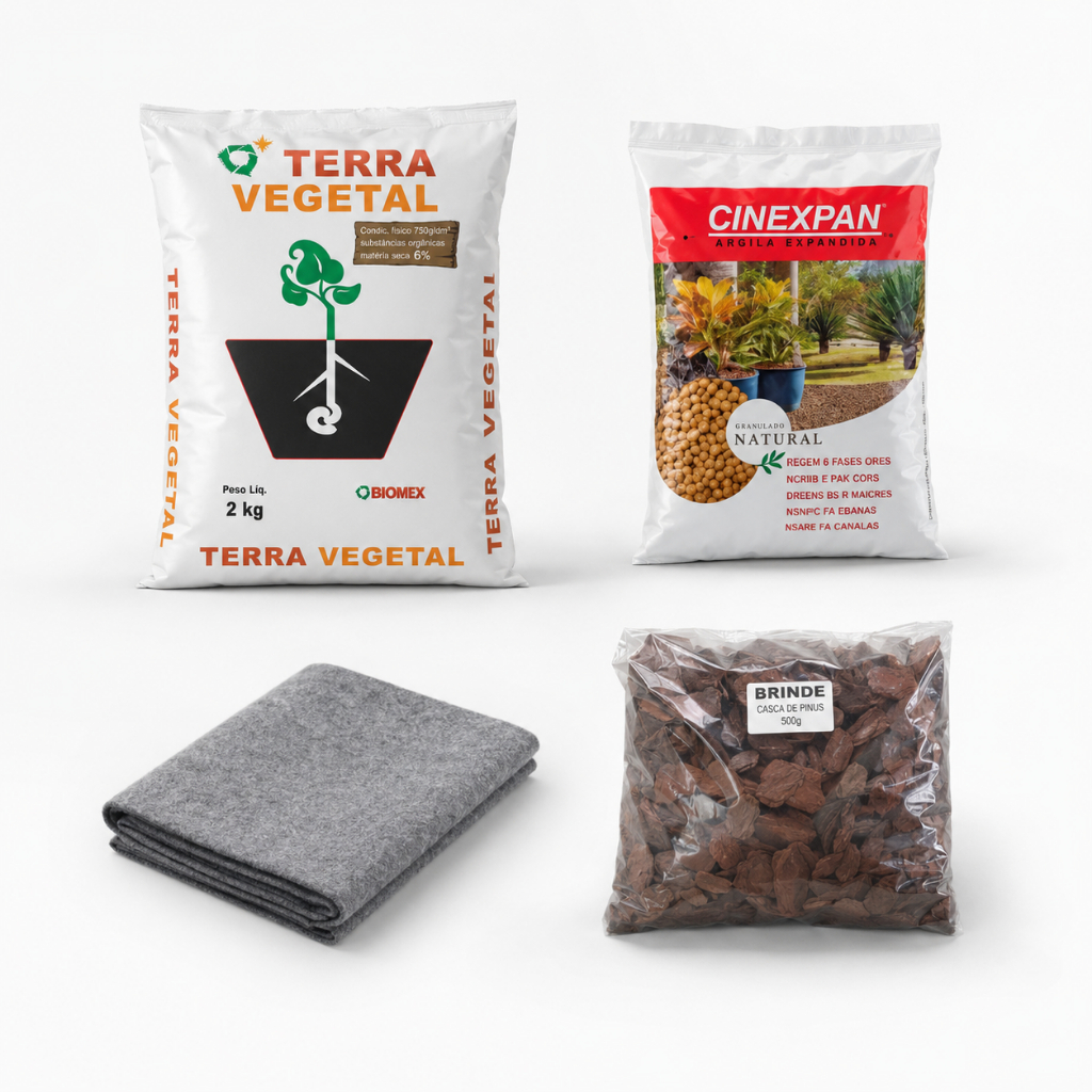Kit Plantio Completo 2 kg - Terra Vegetal,  Argila Expandida, Manta Bidim e Casca de Pinus