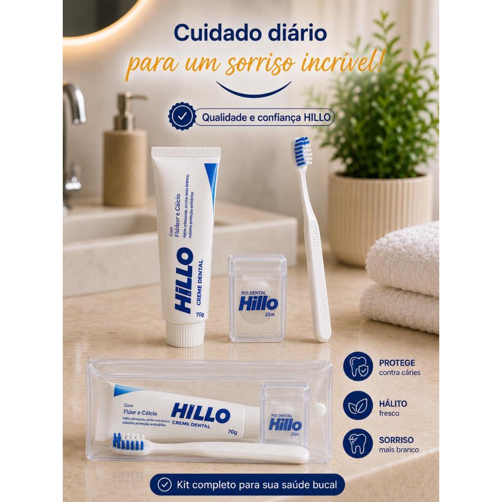 Kit Higiene Bucal Hillo Creme Dental 70g + Fio Dental 25m + Escova Adulto/Infantil + Estojo